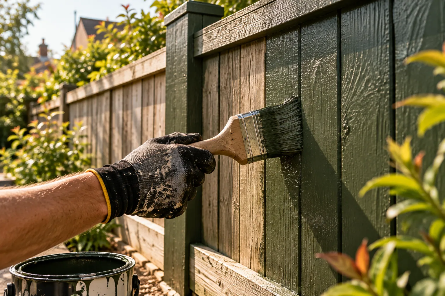 A timber garden fence being painted dark green with a brush