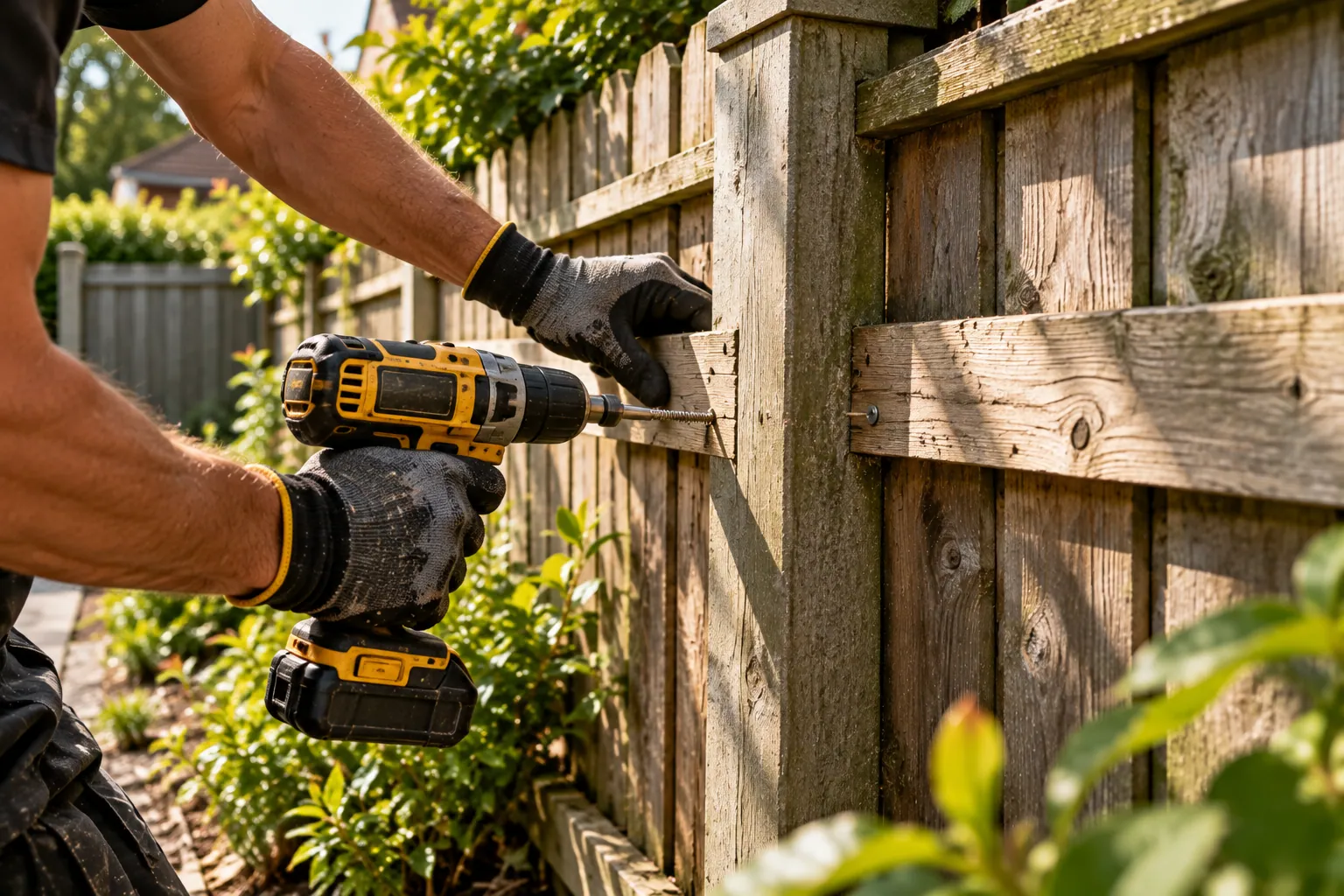 A weathered fence rail being secured with a cordless drill