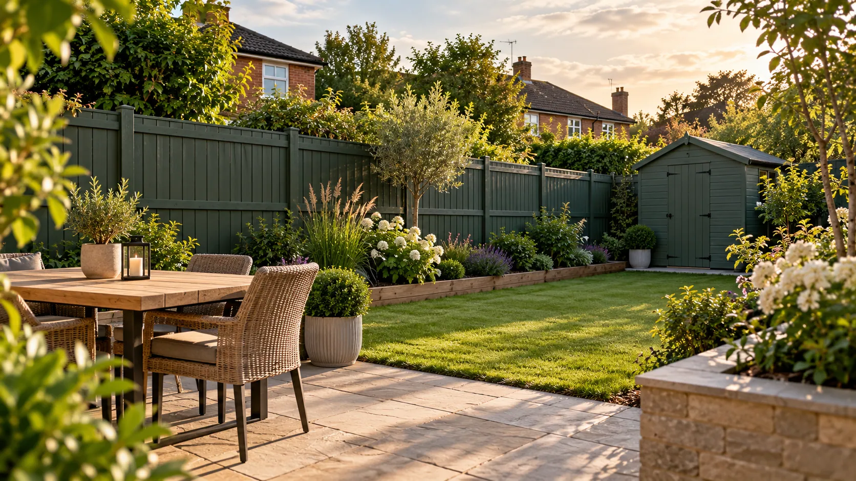 A tidy back garden with dark green painted fence panels and a matching shed at golden hour