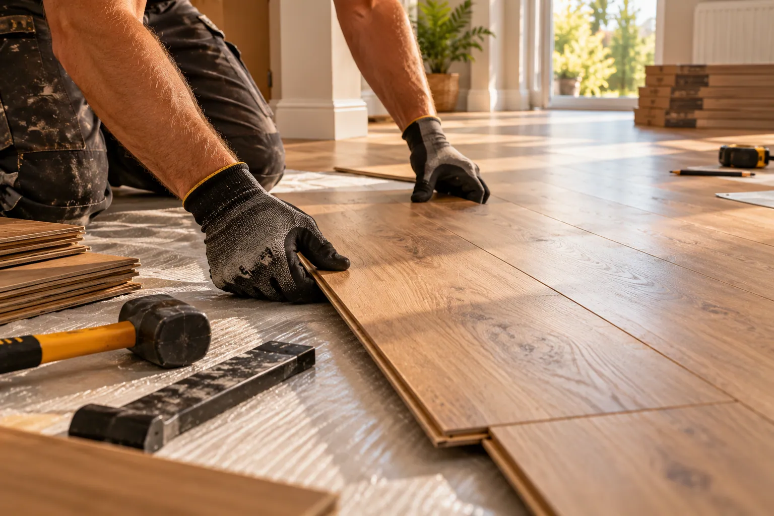 Oak-effect laminate flooring boards being fitted in a sunny room