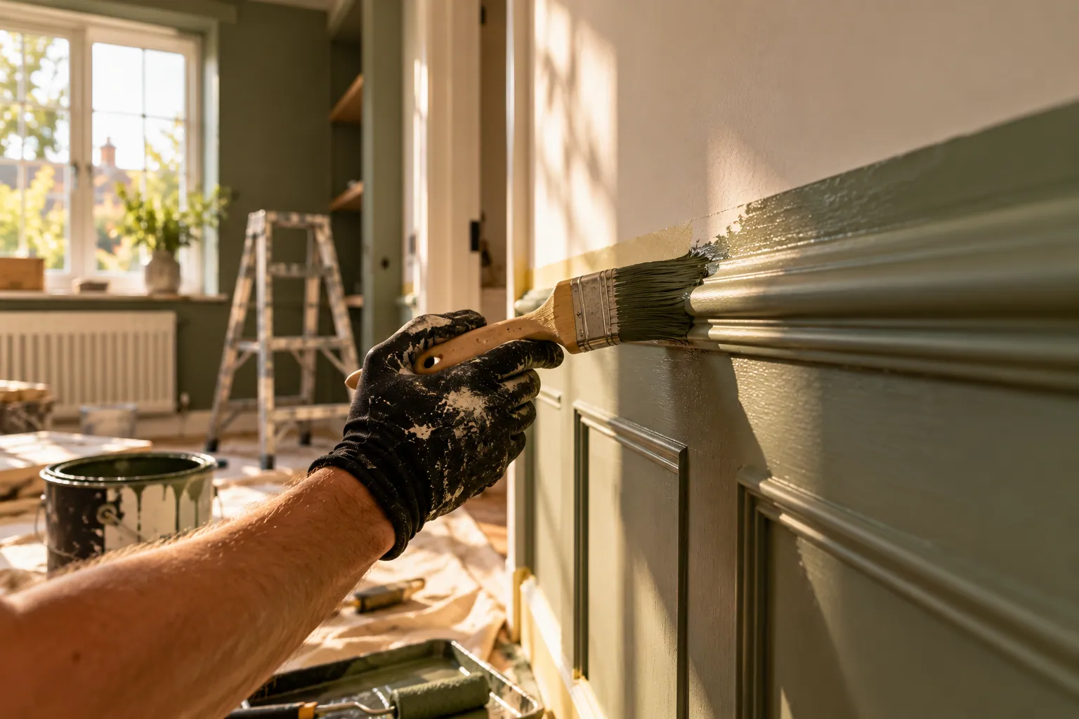 Wall panelling being painted olive green with a brush
