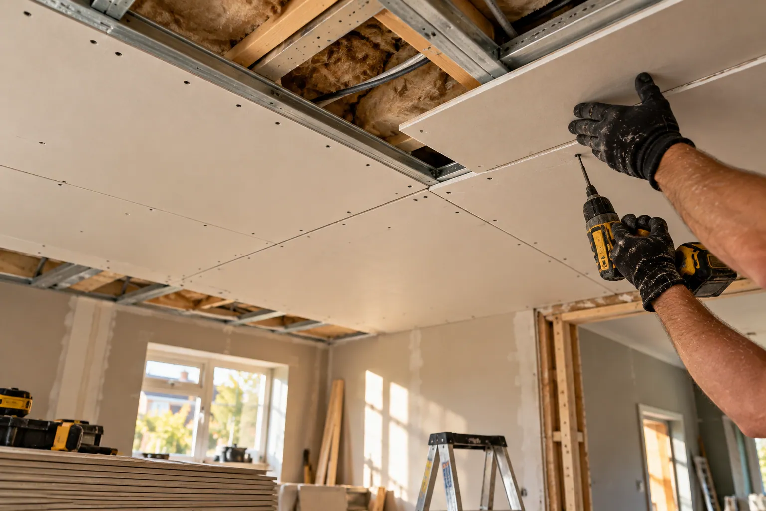 Plasterboard being screwed to a ceiling during a renovation