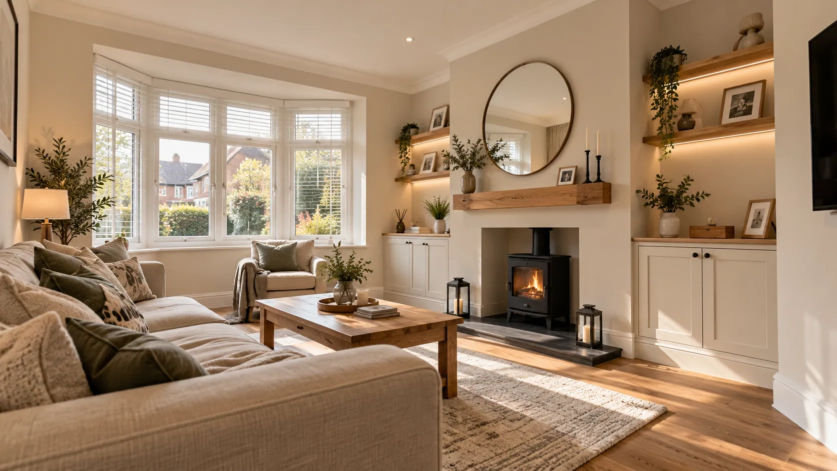 A bright, freshly decorated living room with a bay window, log burner and smooth painted walls