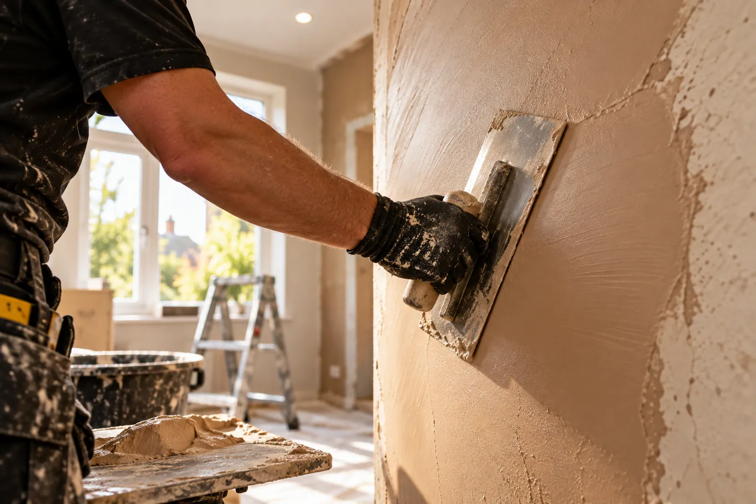 A plasterer skimming a wall with a steel trowel, leaving a smooth finish