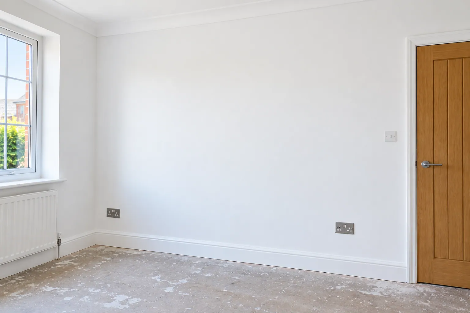 The same living room wall after plastering and painting, smooth and white
