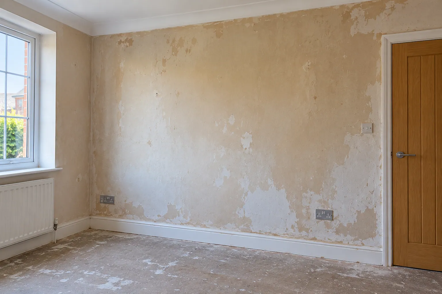 Living room wall before renovation, with patchy, damaged plaster