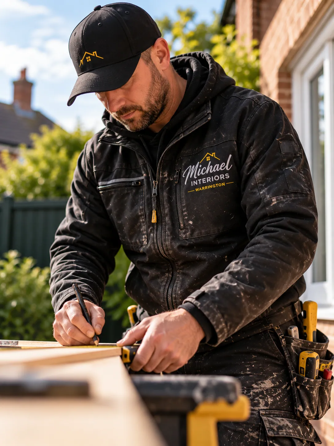 A tradesperson in Michael Interiors workwear measuring timber outside a house
