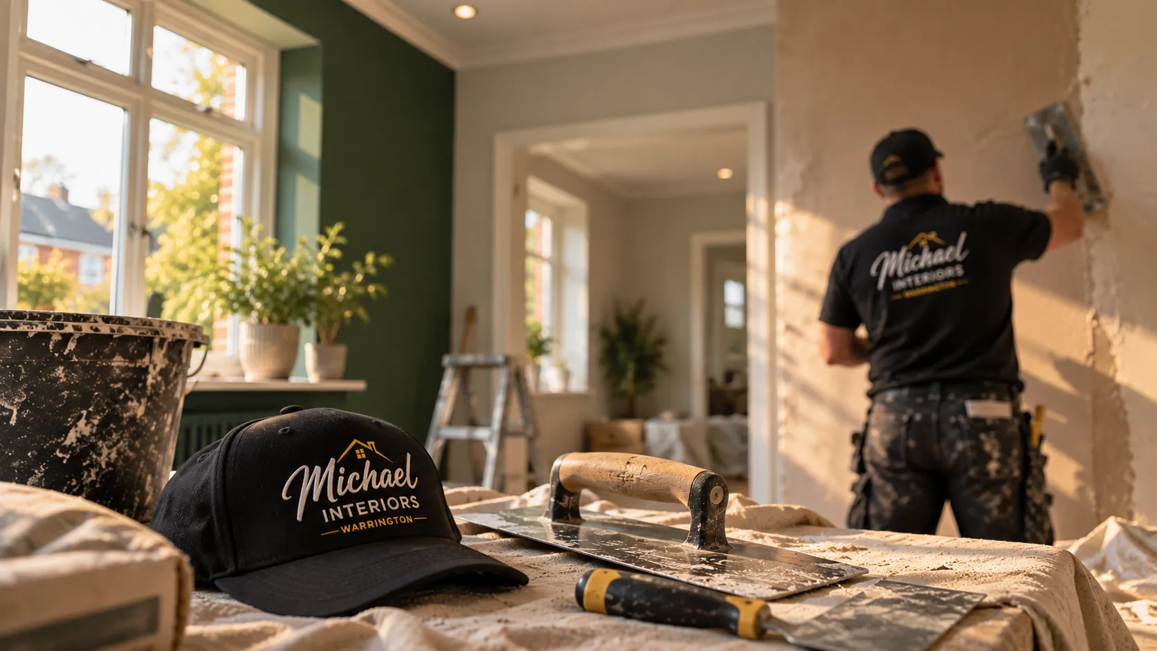 A plasterer in a Michael Interiors uniform skimming a wall in a bright room, with tools and a branded cap in the foreground
