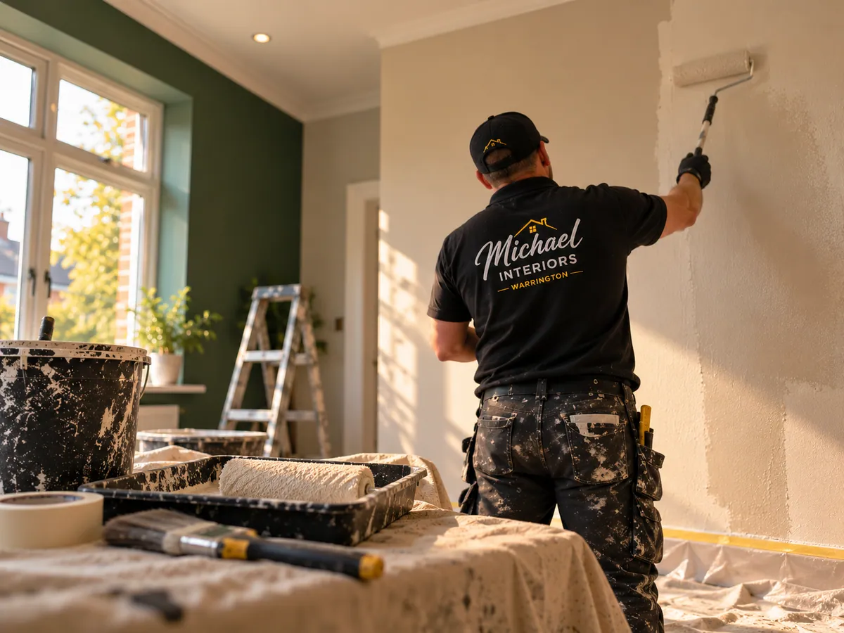 A decorator painting a freshly plastered wall with a roller