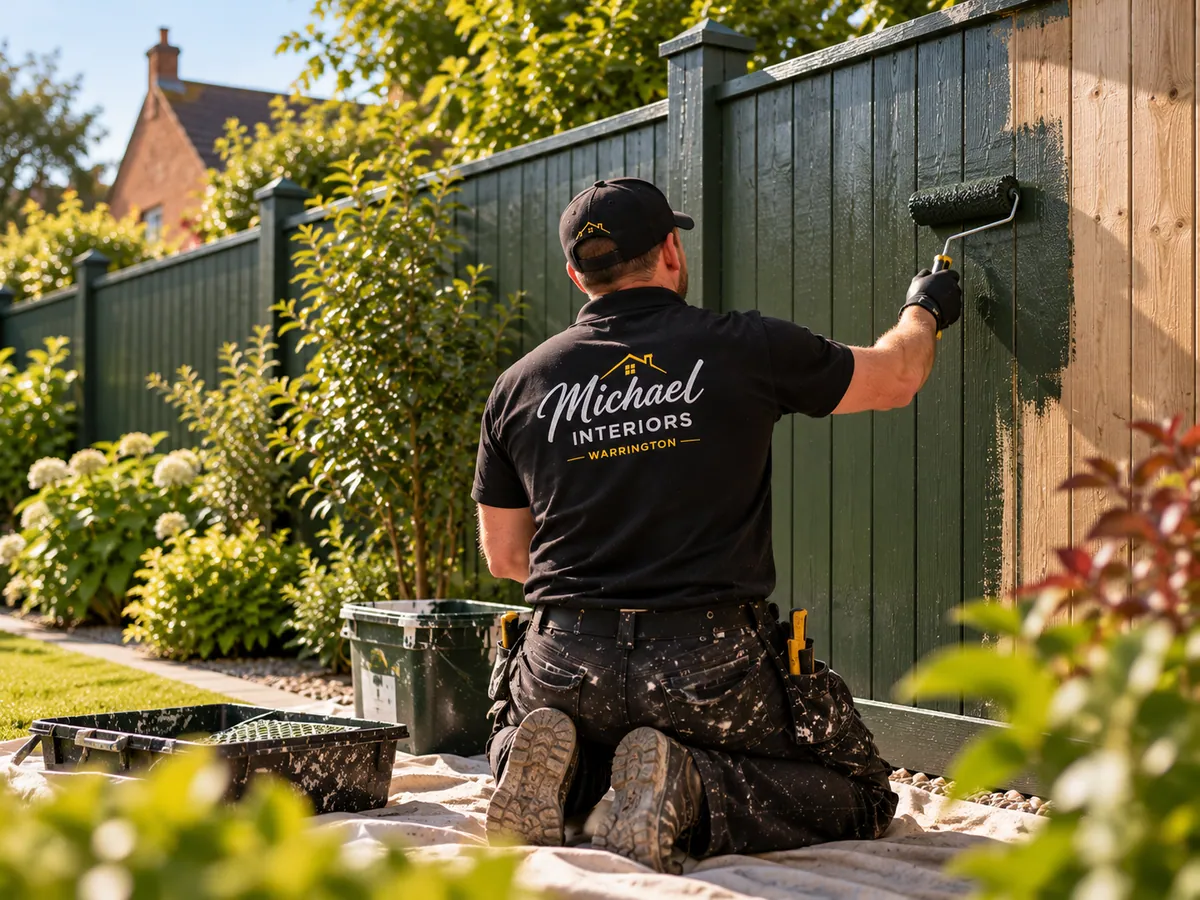 A tradesperson painting a garden fence dark green
