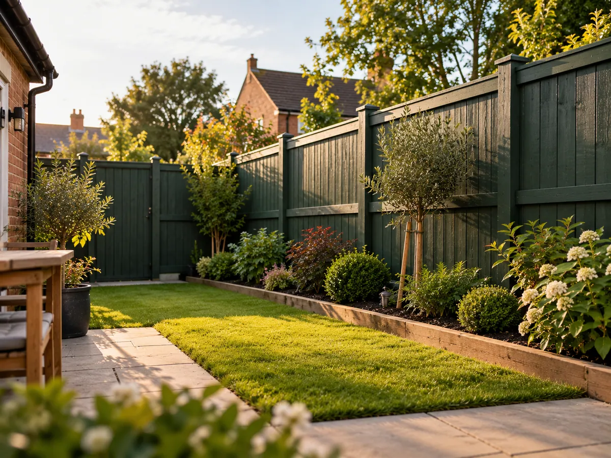 A neat garden with freshly painted dark green fencing
