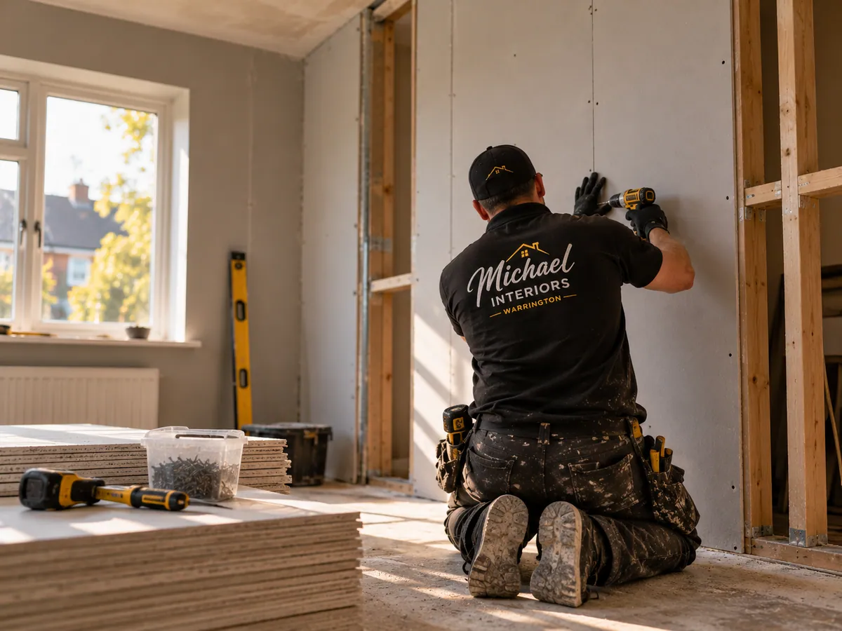 A tradesperson fixing plasterboard to a timber stud wall