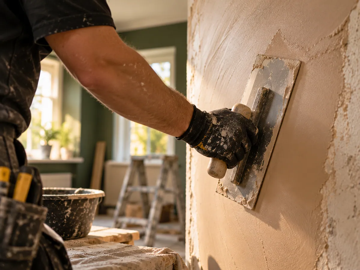 Close-up of a plastering trowel smoothing fresh plaster onto a wall