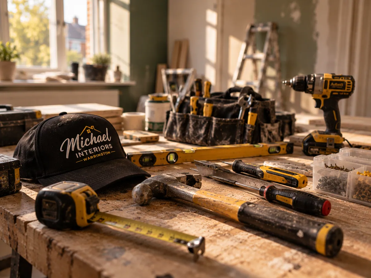 Hand tools, a drill and a Michael Interiors cap on a workbench