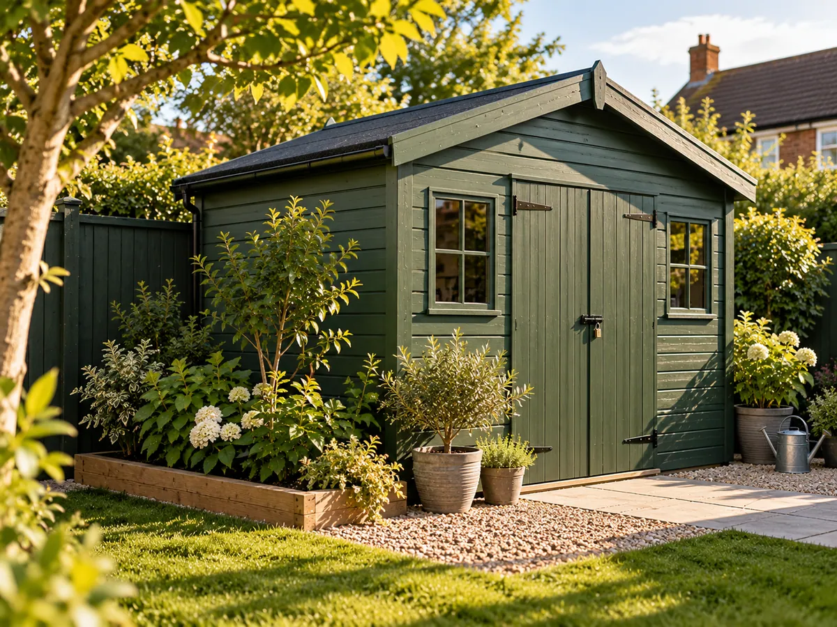 A garden shed painted in deep green with a tidy planted border